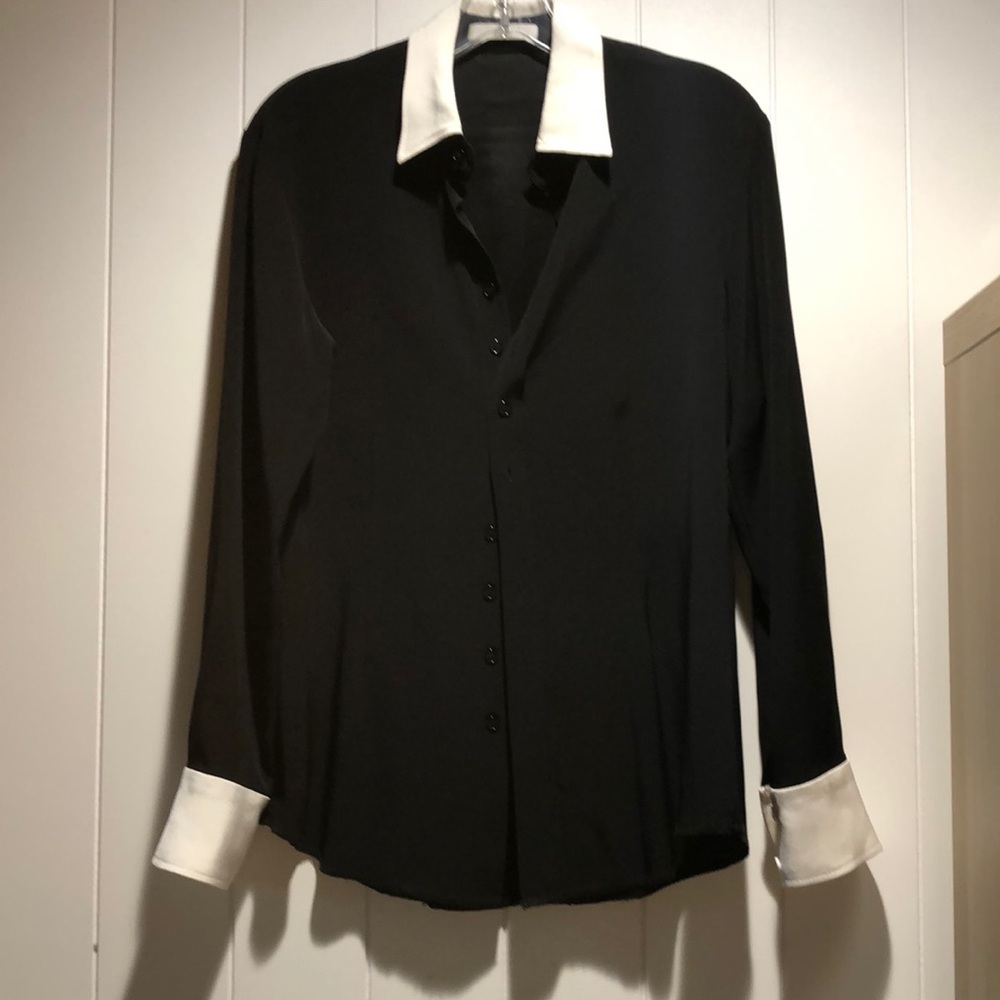 CO Collections luxury Brand black and white dress shirt silk crepe M